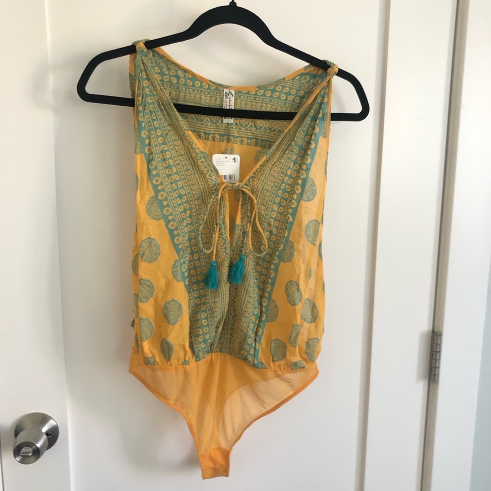 Free People Yellow & Teal Printed Tie-Front Bodysuit